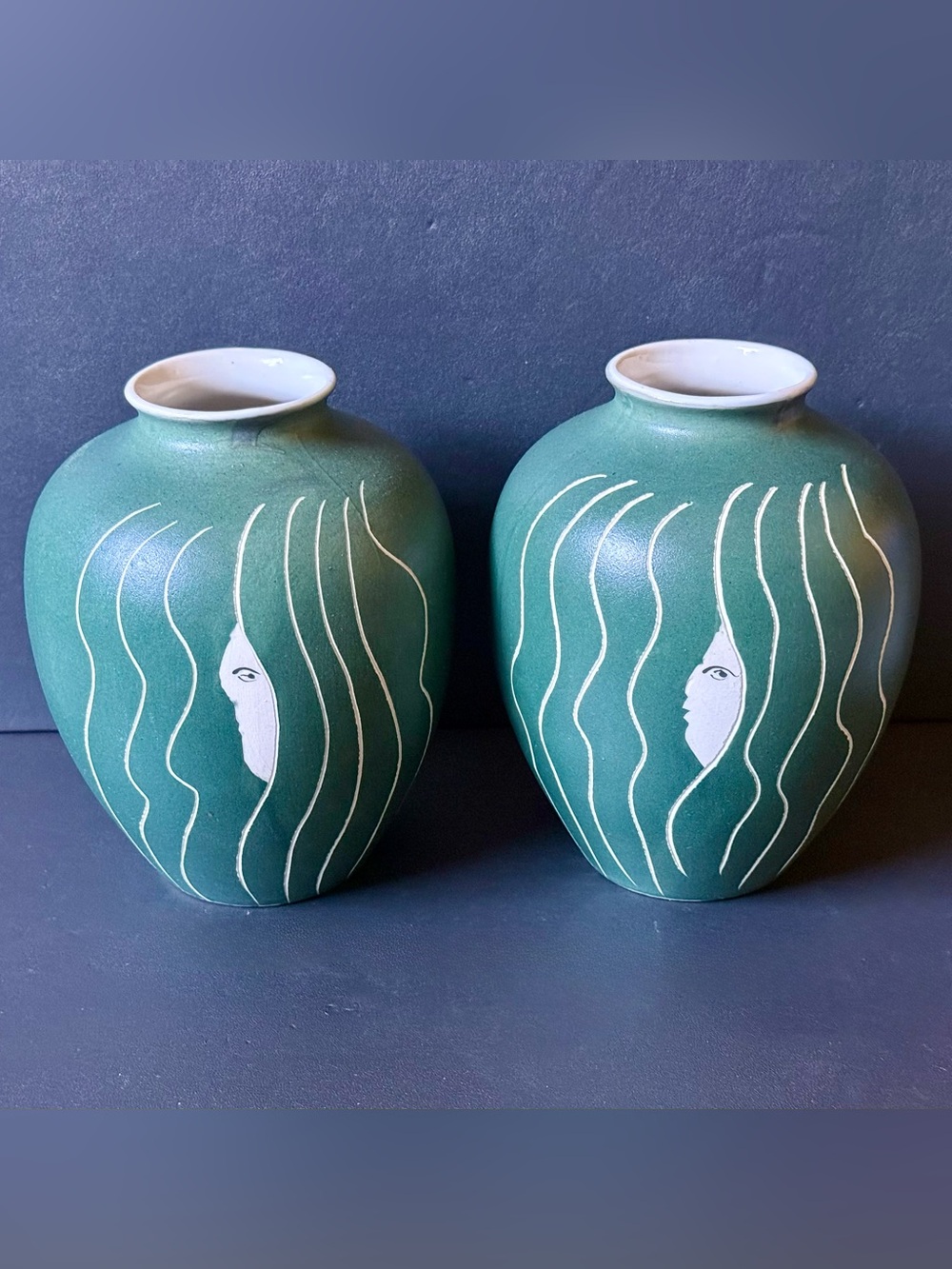 Art Deco Sgraffito Face Vases